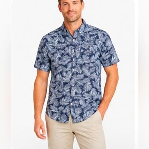Trunks Surf & Swim Co Men's Blue Leaf Print Short Sleeve Button Down Shirt L